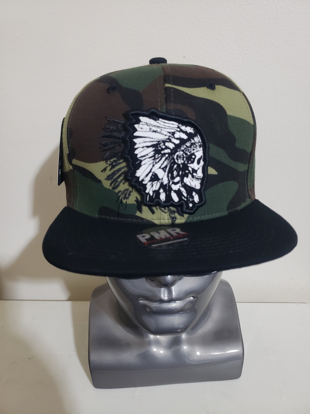 Camo Snapback Hat with Embroidered Skull Headdress Patch